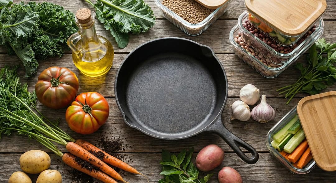 Whole foods, glass containers, and non-toxic cookware supporting hormone-friendly eating.