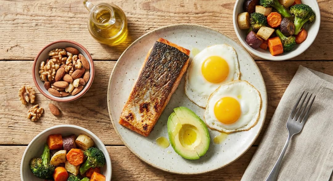 Protein-rich whole foods like eggs, salmon, olive oil, and vegetables aligned with the new U.S. food pyramid.