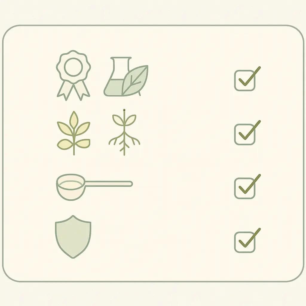 Clean checklist graphic for choosing adaptogen products: third-party tested, standardized extract, species/plant part labeled, dose clarity.