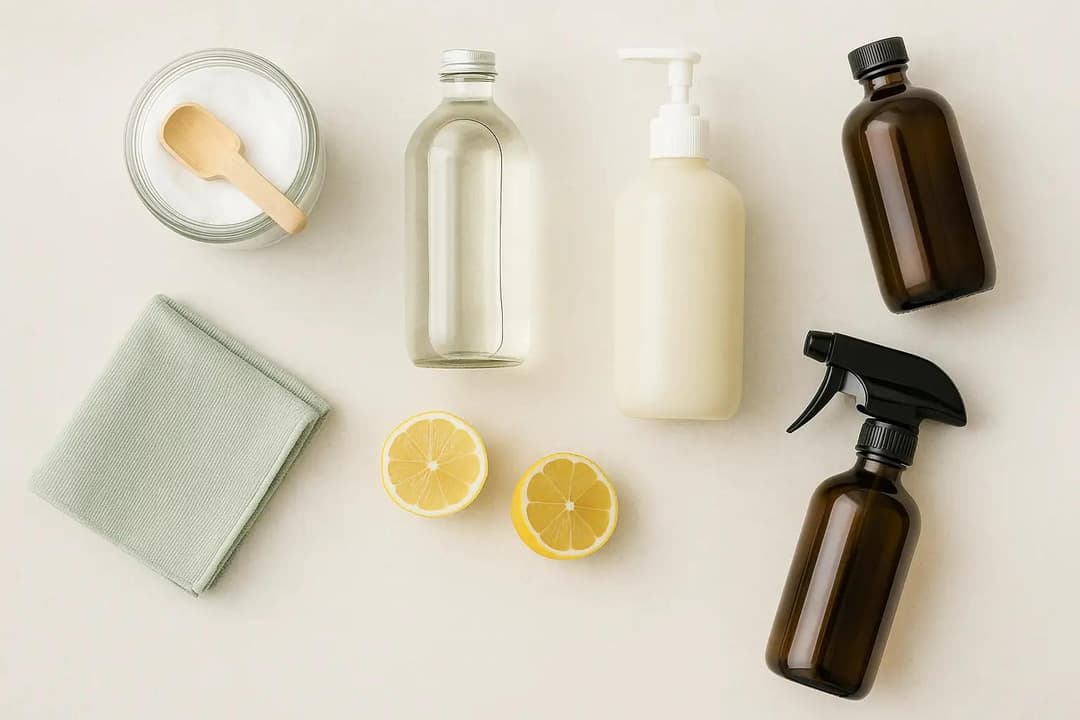 top-down flat-lay of vinegar, baking soda, castile soap, hydrogen peroxide, lemon, and an amber spray bottle.” Optional caption: “five staples cover most jobs—keep labels short and ingredients simple.