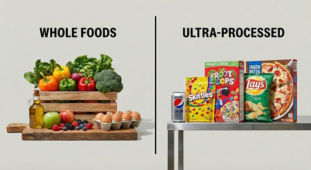 Comparison of real whole foods versus ultra-processed foods discouraged in the new U.S. food pyramid.