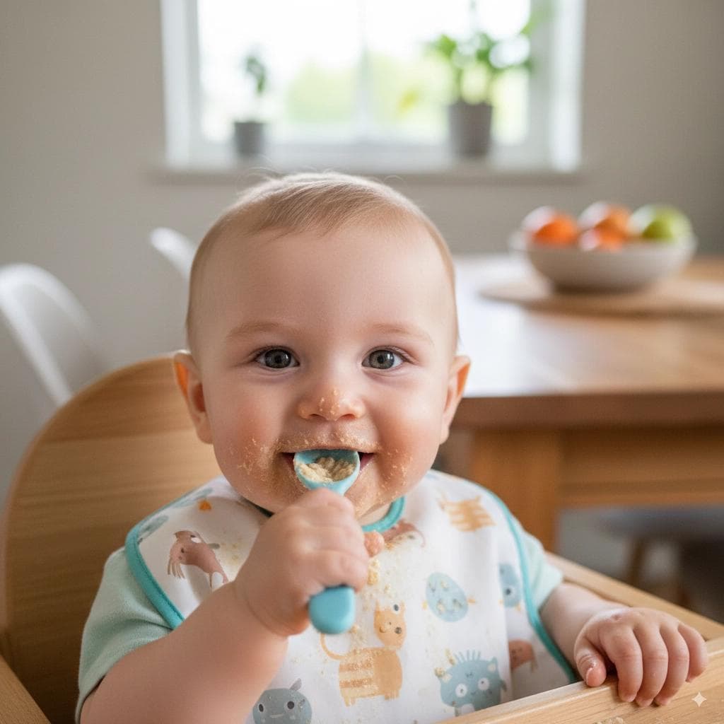 baby eating cereal