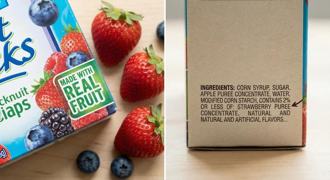 Product packaging showing "made with real fruit" claims