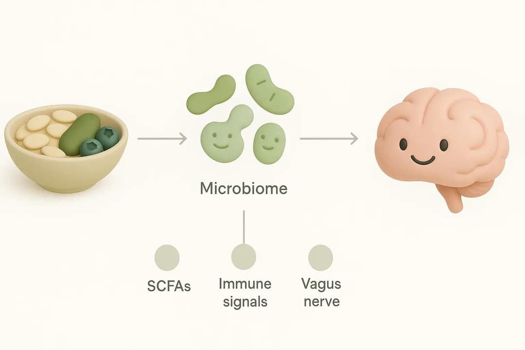 Simple diagram: food → microbiome → SCFAs, immune signals, vagus nerve → brain.
