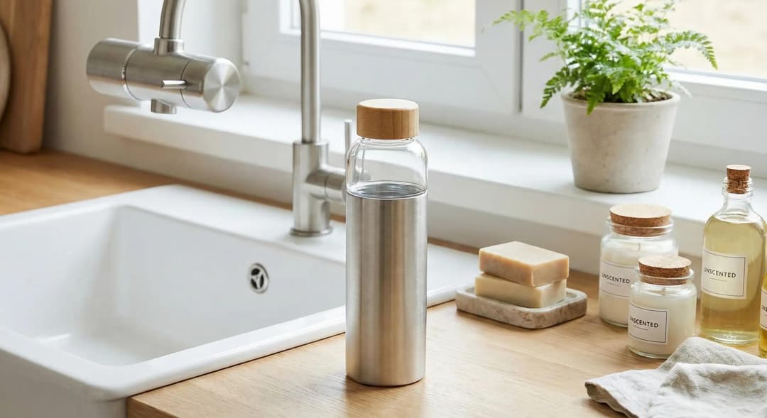 Glass and stainless steel water bottles and natural personal care products used to reduce hormone-disrupting chemicals.